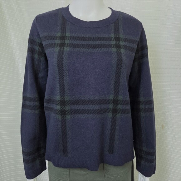 Unique Anne Klein Plaid Sweater Crewneck Women’s L Navy Green Short Boxy Fit - Picture 1 of 9